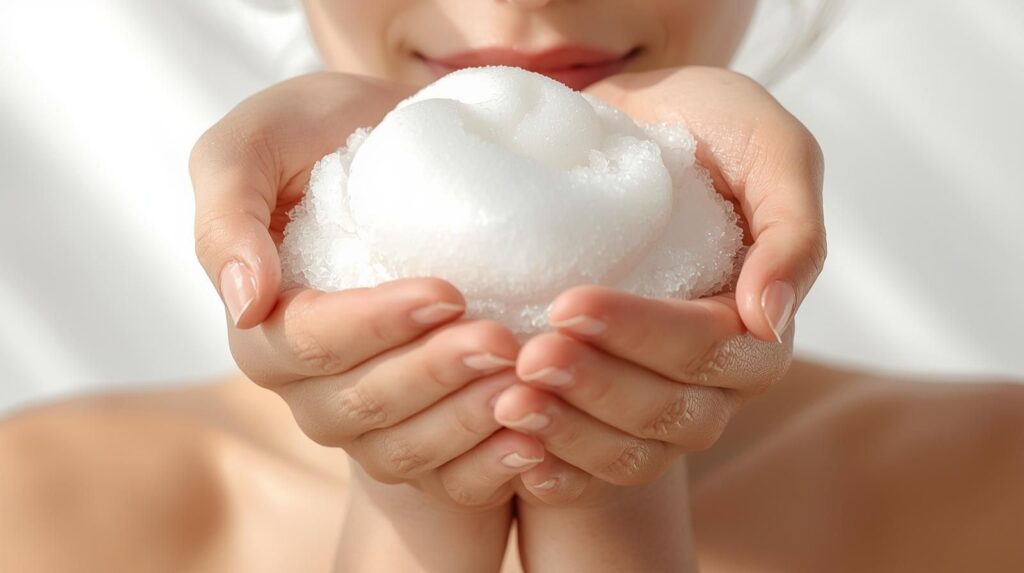 泡洗顔をしている女性の手元のアップ、時短スキンケアイメージ