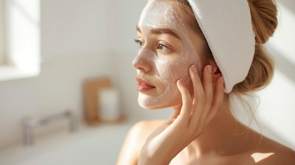 シートマスクをつけた女性、明るい自然光の浴室でのスキンケア