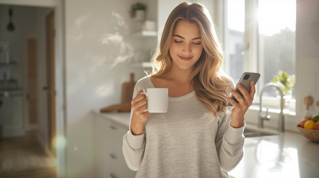 朝の忙しい時間、横顔でスマホを見ながらコーヒーを持つママ、ナチュラルなキッチン背景