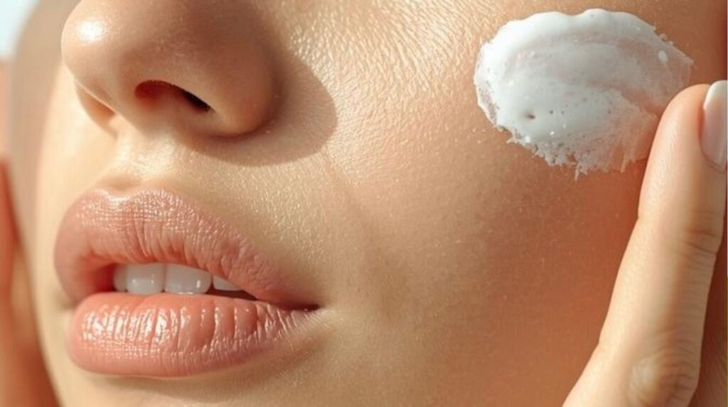 UV下地クリームを手に取り、塗る準備をしている女性の手元、時短スキンケア